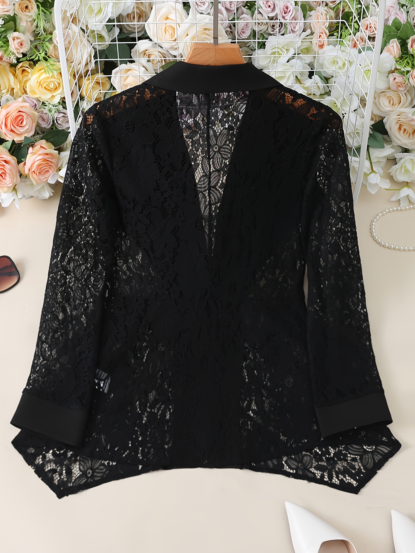 Solid Color Open Front Blazer, Elegant Lapel Neck Contrast Lace Single Button Long Sleeve Blazer For Every Day, Women’s Clothing