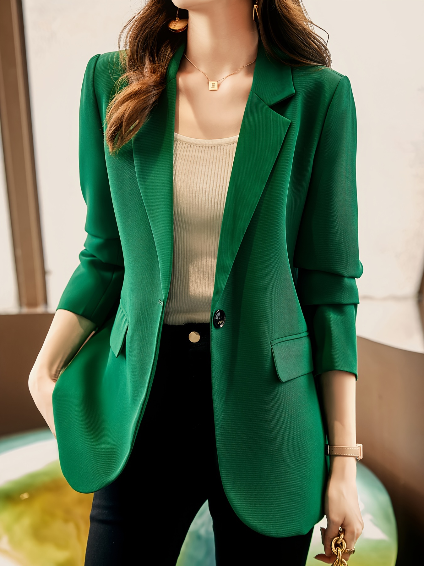 Notched Collar Button Front Blazer, Elegant Long Sleeve Blazer For Office & Work, Women’s Clothing