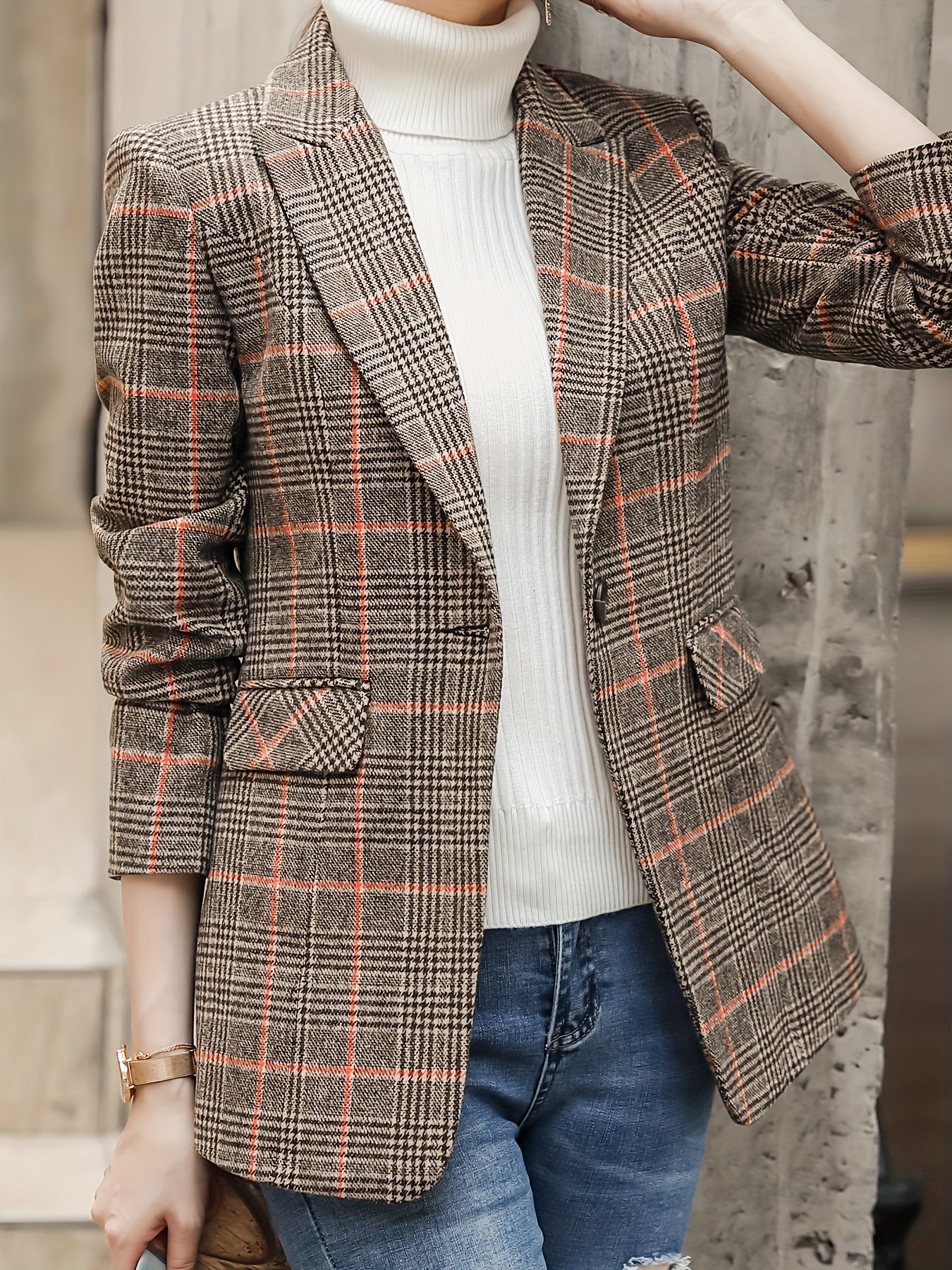 Plaid Pattern Single Breasted Blazer, Elegant Lapel Long Sleeve Blazer For Office & Work, Women’s Clothing