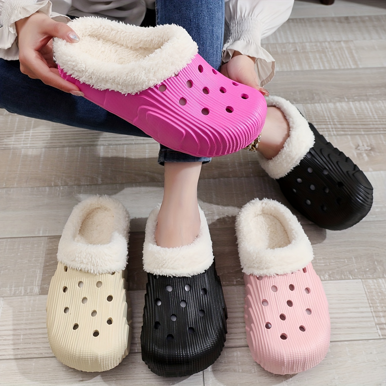 Winter Plush Lined Clogs, Solid Color Hollow Out Closed Toe Slip On Shoes, Cozy & Warm Home Slippers