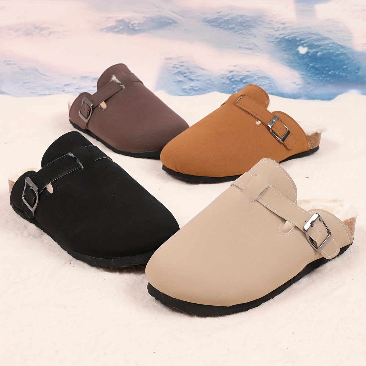 Women’s Buckle Strap Detailed Mules, Casual Slip On Plush Lined Shoes, Comfortable Flat Winter Shoes