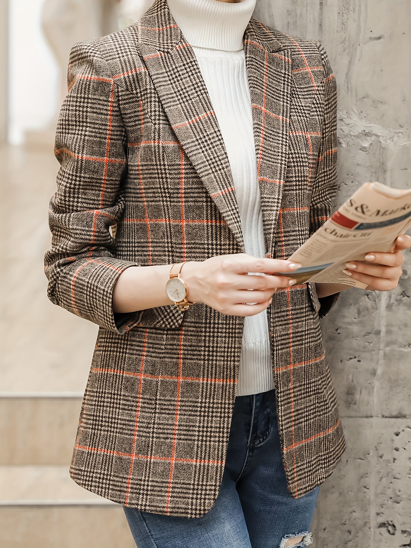 plaid pattern single breasted blazer elegant lapel long sleeve blazer for office work womens clothing details 2