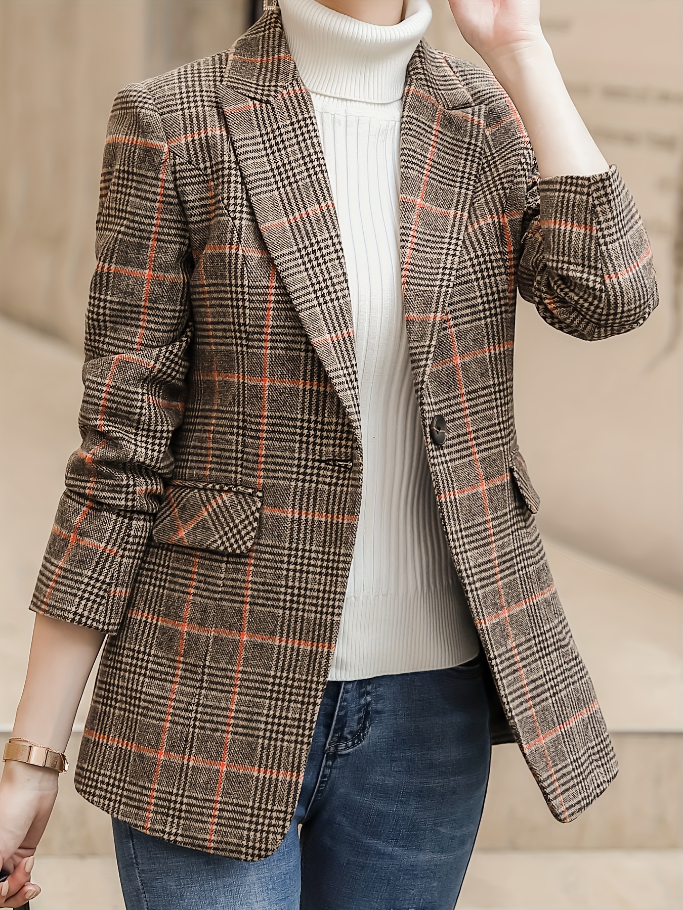 plaid pattern single breasted blazer elegant lapel long sleeve blazer for office work womens clothing details 4