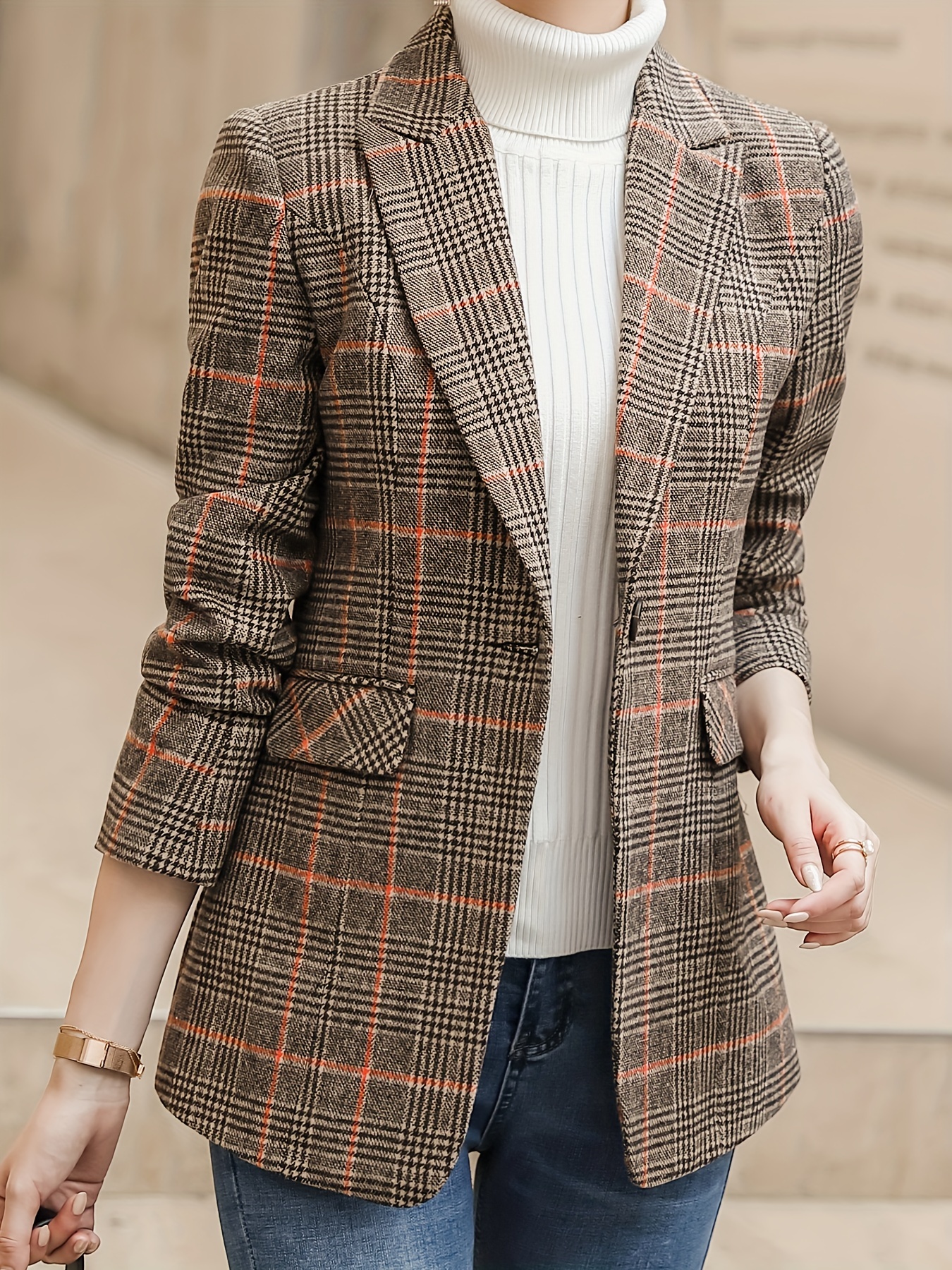 plaid pattern single breasted blazer elegant lapel long sleeve blazer for office work womens clothing details 5