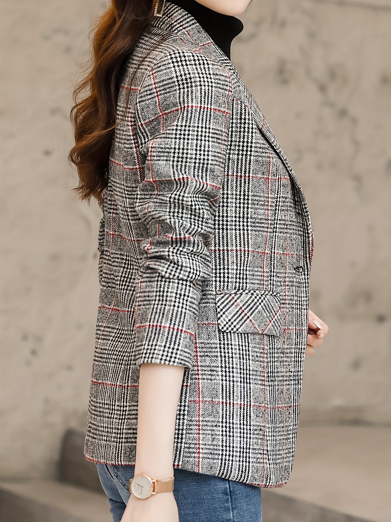 plaid pattern single breasted blazer elegant lapel long sleeve blazer for office work womens clothing details 8