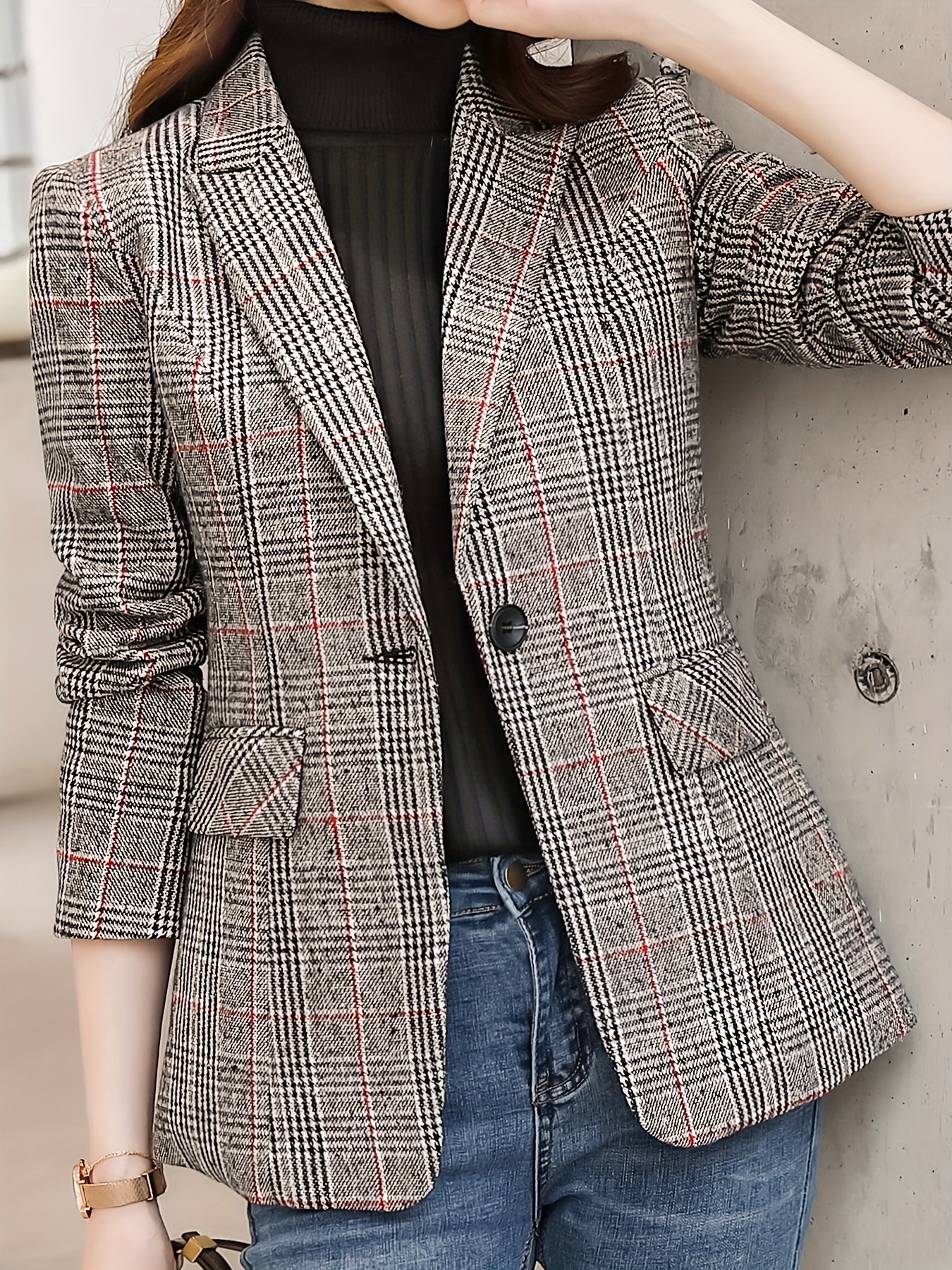 plaid pattern single breasted blazer elegant lapel long sleeve blazer for office work womens clothing details 9