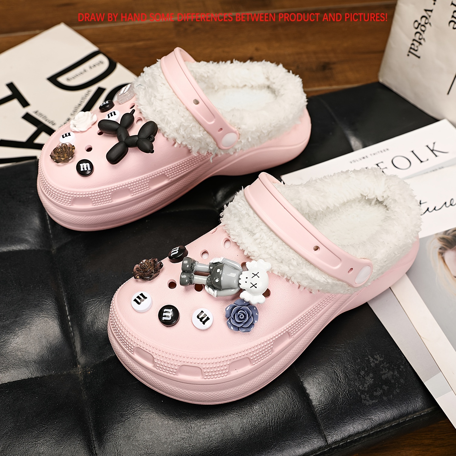 womens cartoon decor clogs casual plush lined garden shoes comfortable slip on shoes details 0