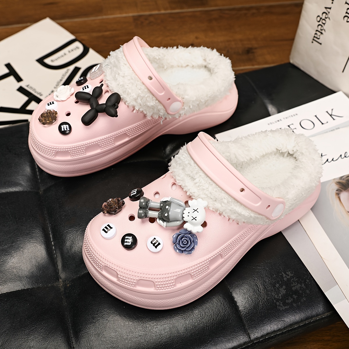 womens cartoon decor clogs casual plush lined garden shoes comfortable slip on shoes details 6